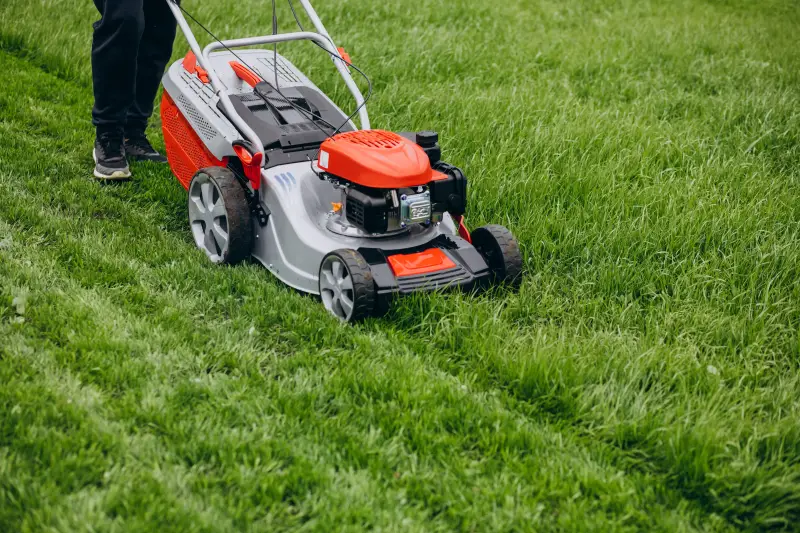 A person pushing a red and gray lawn mower across lush green grass, creating a neatly cut lawn.
